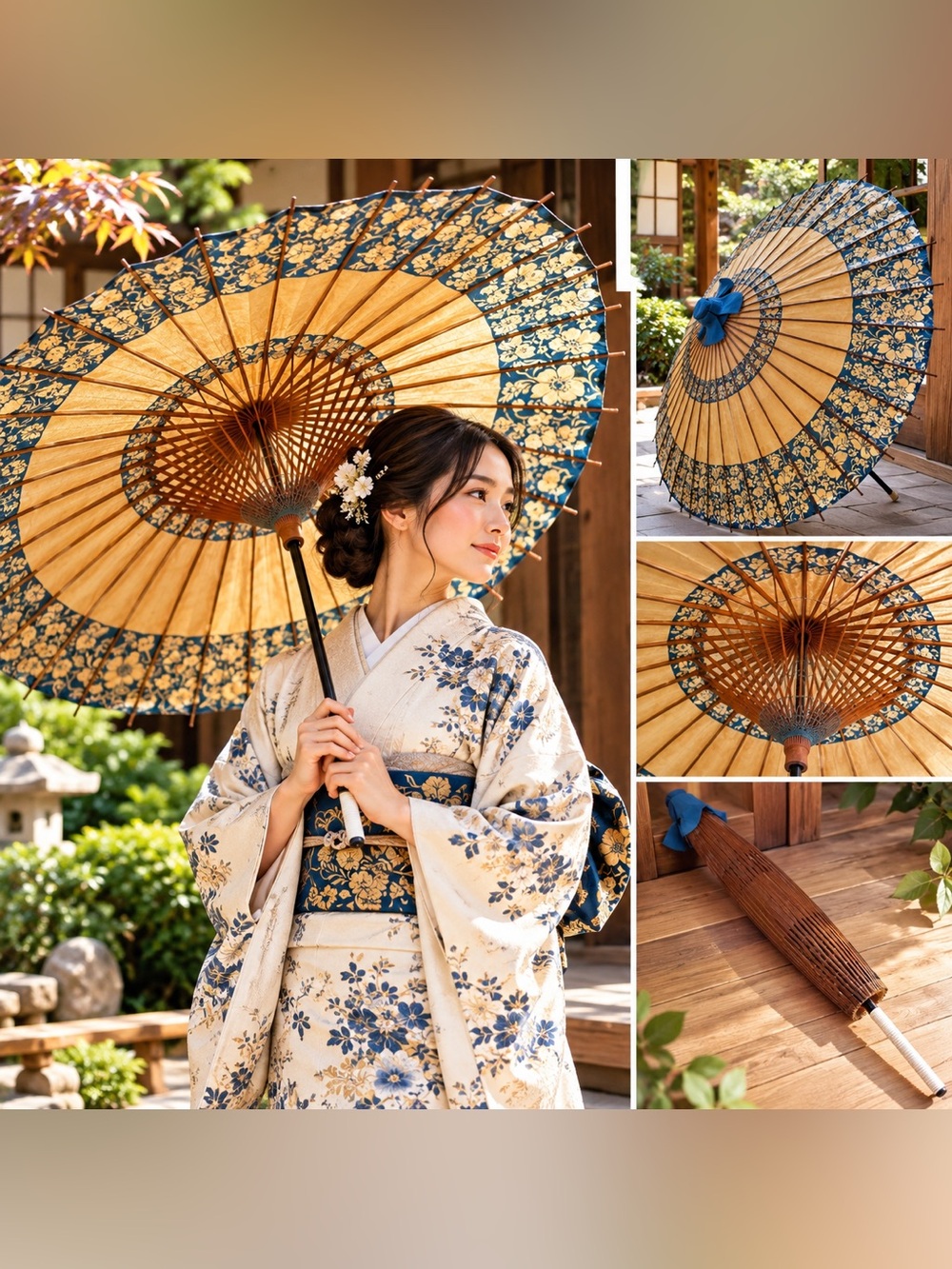 Vintage Asian Paper Parasol Umbrella Bamboo Wood Blue Gold Floral Large